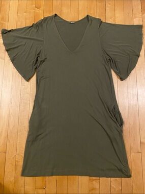 LAmade Olive V-Neck Flutter Sleeve Tunic Dress